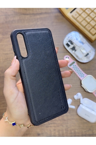 Samsung Galaxy A70 Uyumlu Premium Deri Dokulu Darbelere Karşı Dayanıklı Nazal Silikon Kılıf Siyah
