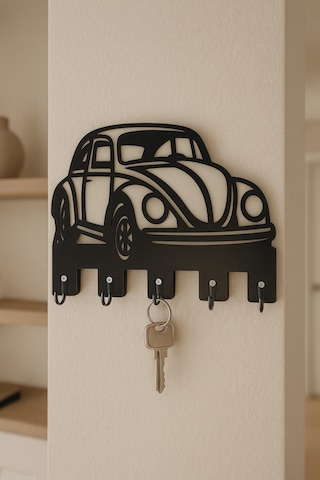Vosvos Araba Figürlü Duvar Anahtarlık Askısı Siyah - Beyaz
