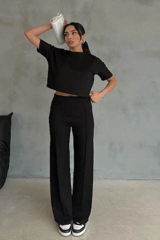 Modal Kumaş Yüksek Bel Pantolon Crop & Pantolon Takım Siyah