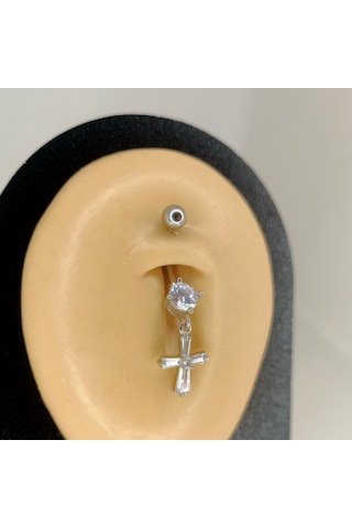 Aya Tasarım Gümüş Renkli Taşlı Haç Figürlü Göbek Piercing Gümüş