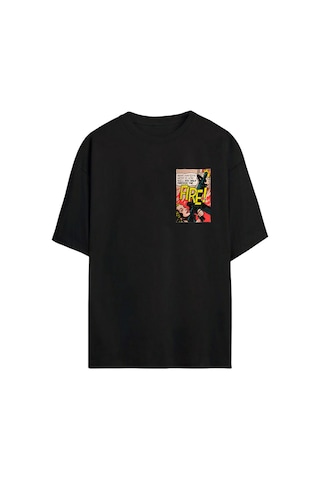 Thewert Unisex Ateş Metni Çizgi Roman Baskılı Siyah Oversize Tshirt