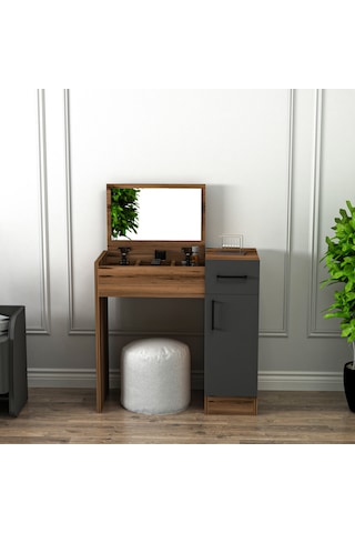 Arnetti İnci Ceviz Antrasit Aynalı Makyaj Masası – Çekmeceli, Dolaplı & Şık Tasarım