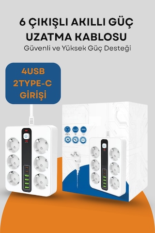 Pro P11 6x Priz 3000w Termal Akım Korumalı 4x Usb 2x Type-c Girişli Çoklu Priz 0.2 M
