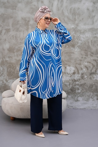 Polologin Butik Krem Çizgili Mavi Gömlek Tunik Mavi & Krem