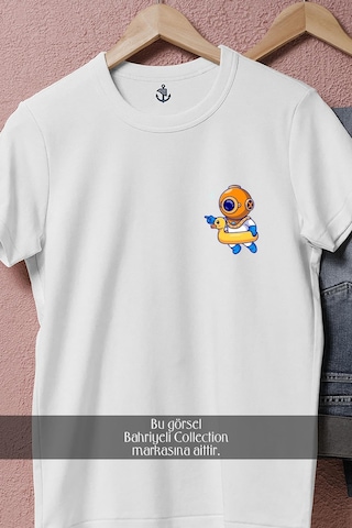 Oversize Ördek Can Simidi Ve Mini Dalgıç Cep Tasarımlı Unisex T-shirt Beyaz