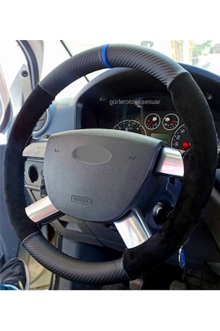 Ford Connect Uyumlu Alkantra-karbon Mavi Yüzüklü Direksiyon Kılıf