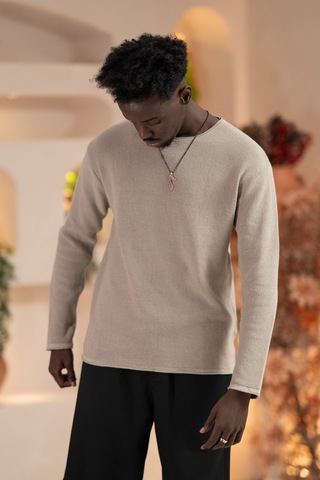 Regular Fit Likralı Kendinden Çizgili Mevsimlik Spor Kazak Vizon