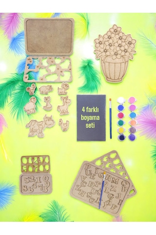 Ev-okul Etkinliği Ahşap Puzzle 4'lü Boyama Seti, 12 Renk Boya Ve