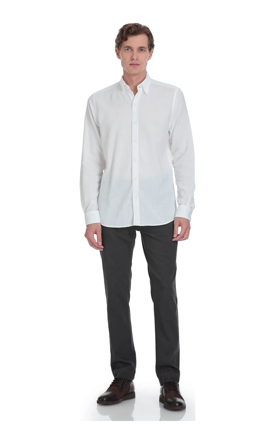 Hatemoğlu Beyaz Comfort Fit Çizgili Düğmeli Yaka 100% Pamuk Uzun Kollu Casual Gömlek 4111993