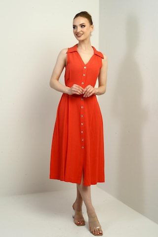 By Saygı Kadın Polo Yaka Ön Pile Düğme Detaylı Midi Keten Elbise-40645 Mercan