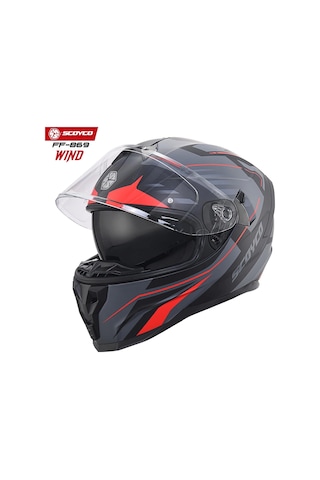 Scoyco FF-869 Wind Güneş Vizörlü Kapalı Kask Gri - Kırmızı - Mat Siyah