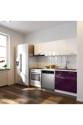 Pukka Hazır Mutfak Dolabı 200cm Parlak-beyaz Laminat Tezgah Dahil-bulaşık Makinesi Yeri Mevcut-parlak Mürdüm