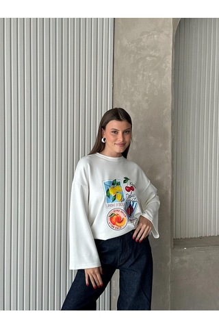 Trend Paris Kadın Bisiklet Yaka Geniş Kol Desenli Dökümlü Bluz Çok Renkli