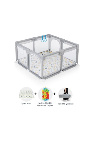 Original Playard Plus Güvenli Bebek Ve Çocuk Oyun Alanı Oyun Parkı 120x120 Oyun Matı Ve Topları Açık Gri