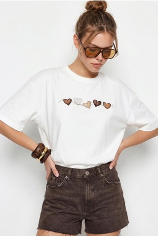 Shade Kadın Bisiklet Yaka Kalp Baskılı Oversize Pamuklu T-shirt Öt100012 60286271 - Beyaz