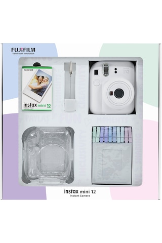 Fujifilm Instax Mini 12 Fotoğraf Makinesi + 10'lu Film Simli Pleksi Kılıf Beyaz