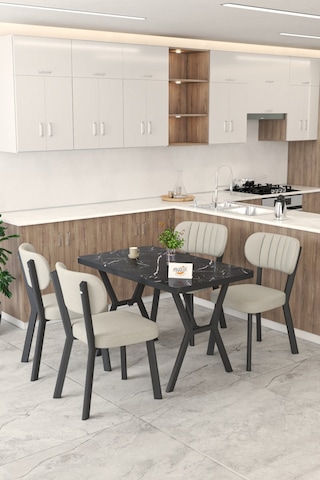 Gnr 70x110cm Sabit Siyah Mutfak Masası Takımı, Yemek Masası, 4 Modern Krem Sandalye Krem