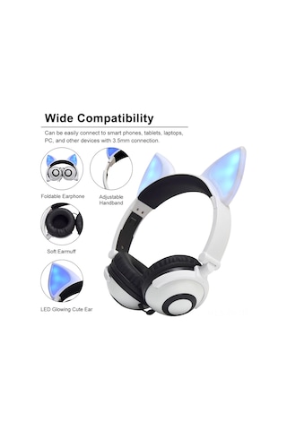 Teltree Lx-x109 Tilki Kulaklı Kulaklık, Işıklı Kulaklar, Katlanabilir, 3.5mm Bağlantı, Pembe Renk