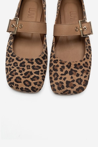 Luvi Shoes Jonas Siyah Sarı Desenli Hakiki Deri Kemerli Kadın Babet Ayakkabı Leopar