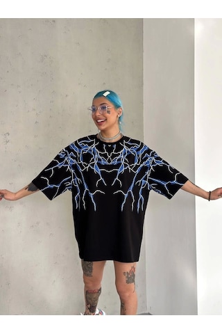 Unisex Yıldırım Baskılı T-shirt - Siyah