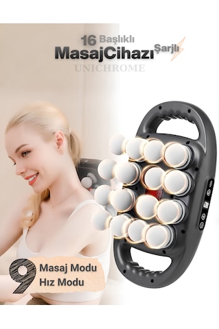 16 Başlıklı Masaj Cihazı Boyun Sırt Kol Bacak Masaj Aleti Ayarlanabilir Hız Ve Değiştirilebilir Mod Gri - Siyah
