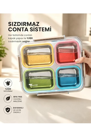 Valkyrie 1500 Ml 4 Bölmeli Paslanmaz Çelik Lunch Box Termal Çantalı 304 Çelik Sızdırmaz Yemek Kabı Çok Renkli