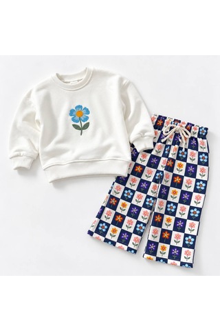 Cg Kids Çiçek Nakışlı Sweatshirt Ve Desenli Eşofman Kız Çocuk Alt Üst Takım Beyaz