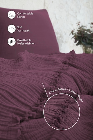 %100 Pamuk Müslin Yatak Örtüsü Tek Kişilik 4 Katlı Battaniye 2 Parça Müslin Pike Seti Mor Mor