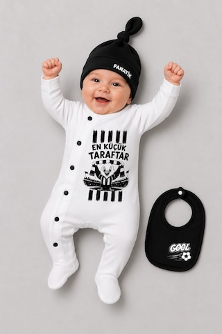 Babyden's Siyah Beyaz En Küçük Taraftar 3'lü Bebek Tulum Seti Futbol Temalı Şapkalı Önlüklü Yenidoğan Tulum Seti Siyah - Beyaz