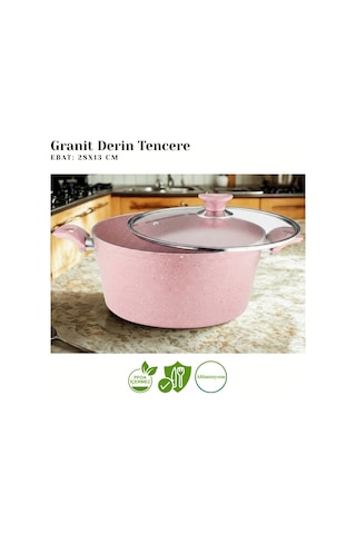 28 Cm Granit Derin Tencere Cam Kapak - Pembe Pembe