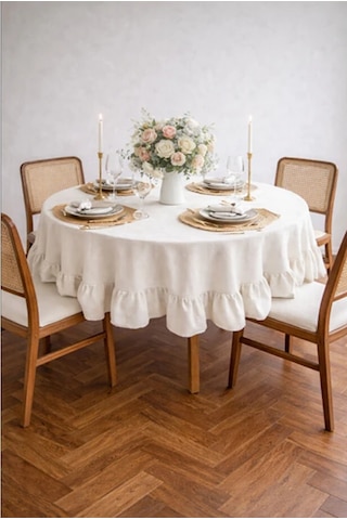 Fırfırlı Natürel Ham Keten Yuvarlak Masa Örtüsü 140x140 Cm Bej