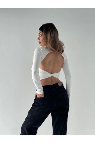 Nnstartshopping Sırt Dekoltelı Uzun Kollu Crop - Beyaz BEYAZ Beyaz