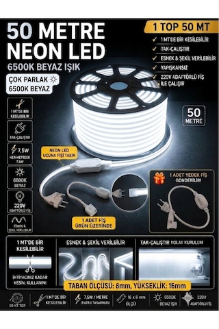 50 Metre Neon Led Şerit Led,beyaz Işık Esnek Led Çok Parlak,led, Kesilebilir,dekoratif Dış Aydınlatma Bahçe Aydınlatma,tavan Aydınlatma,gözalıcıaydınlatma Beyaz -6500k