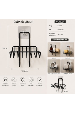 Delmede Yapışkanlı Metal Organizer Raf Askı 20 12.5 Çok Amaçlı Düzenleyici Siyah