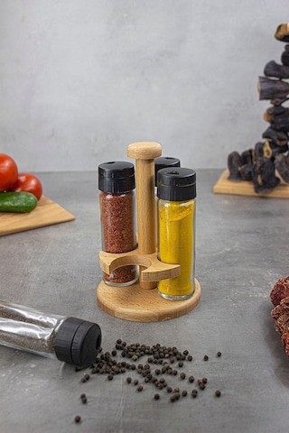 Kukiwood Ginger 4'lü Baharatlık Takımı, Ahşap Standlı Yuvarlak 4'lü Baharatlık Seti Genel