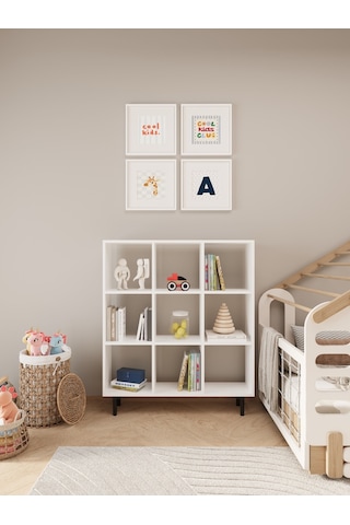Ligno Mobilya Beyaz Montessori Çocuk Odası Kitaplığı - 103 CM Oyuncak ve Kitap Düzenleyici, Robot Süpürge Uyumlu 9 Küp Bölmeli Dolap