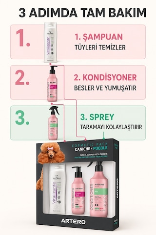 Artero Poodle Köpekler İçin 3'lü Kozmetik Şampuan Kondisyoner Ve Sprey Bakım Seti