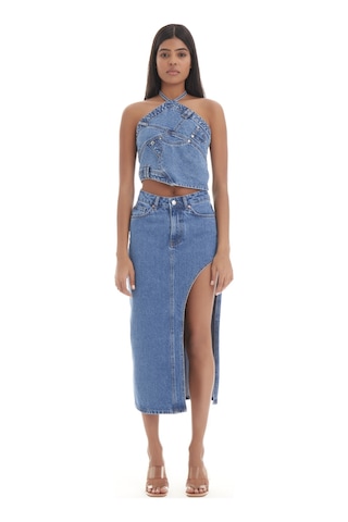 it's basic Kadın Mavi Kot Rengi Rosa Yandan Derin Yırtmaç Detaylı Uzun Denim Etek