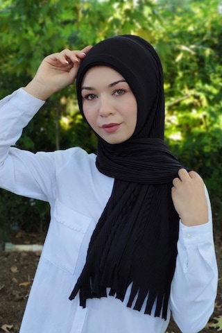 Moda Mevsimi Pratik Piliseli Pamuk Hazır Şal Siyah Siyah