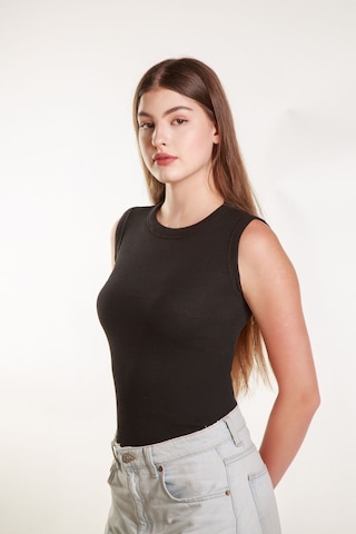 Kadın Siyah Fitilli Likralı Sıfır Kol Bisiklet Yaka Örme Atlet Tshirt Bluz Siyah