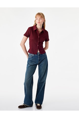 Koton Regular Fit Kısa Kollu Düğmeli Bürümcük Kumaş Polo Yaka Bluz Bordo 7wal60015ık