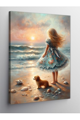 Kanvas Tablo Yavru Köpek Ve Kız Çocuğu 50cmx70cm