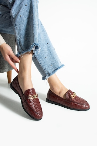 Lebibe Shoes Maby Kadın Bordo Örgü Dokulu Zincir Detaylı Loafer Düz Ayakkabı Babet