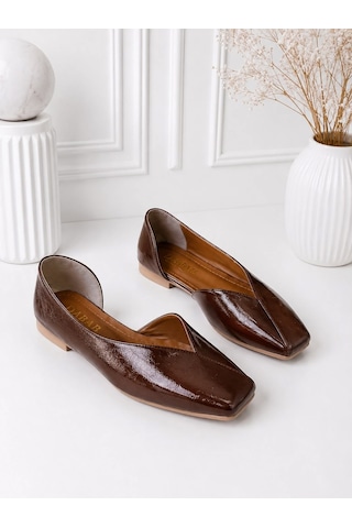 Dabab Shoes Dante Kadın Acı Kahve Kırışık Rugan Kare Burun Düz Taban Günlük Casual Babet Ayakkabı Kahverengi