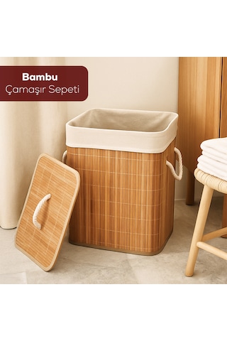 Porsima Pbt-053 Kapaklı Kirli Çamaşır Sepeti Dikdörtgen - Bambu Kirli Çamaşır Sepeti Bambu