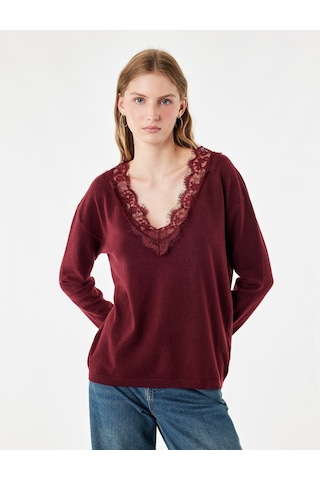 Koton Dantel Detaylı Regular Fit V Yaka Uzun Kollu Triko Kazak Bordo 7wal90144ıt