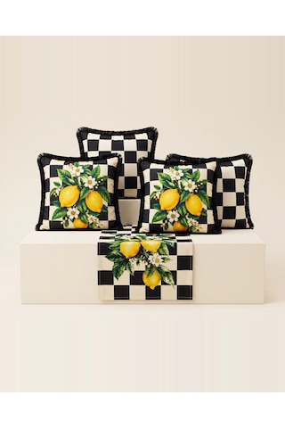 Damalı Limon Desenli Runner + 4 Lü Kırlent Kılıfı Kombin Seti 45 x 45