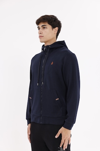 Rowinger Metal Uçlu Kordonlu Tam Fermuarlı Bölmeli Ön Cepli Küçük Nakış Logolu Rahat Kalıp Mevsimlik Kapüşonlu Sweatshirt Navyblue