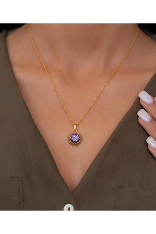 Bayar Gold 14 Ayar Altın Mor Taşlı Telkari Kolye Sarı Altın