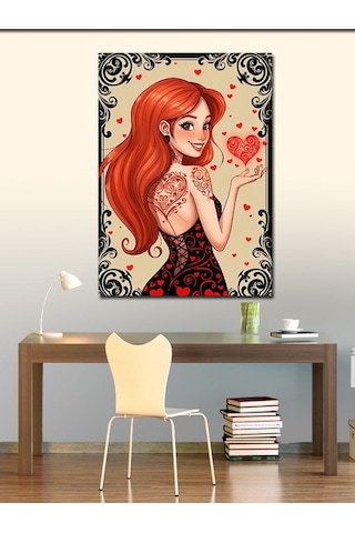 Kanvas Tablo Kırmızı Saçlı Ve Kalpli Kadın 50cmx70cm